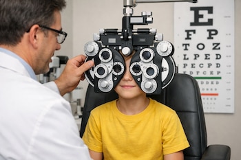Un optometrista de gafas con bata blanca ajusta un foróptero en la cara de un niño sonriente con camiseta amarilla, con una tabla optométrica al fondo.
