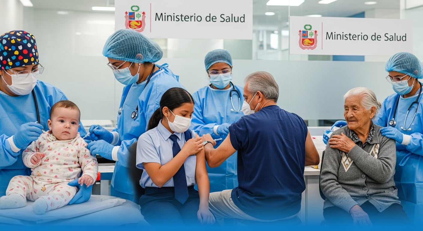 La imagen ilustra la campaña de vacunación del Ministerio de Salud en Perú, mostrando a su personal administrando dosis a personas de diferentes edades en un centro médico. (Imagen Ilustrativa Infobae)