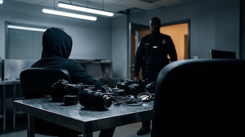 Varias cámaras de fotos y lentes sobre una mesa metálica con una persona con capucha de espaldas y un oficial de uniforme al fondo.