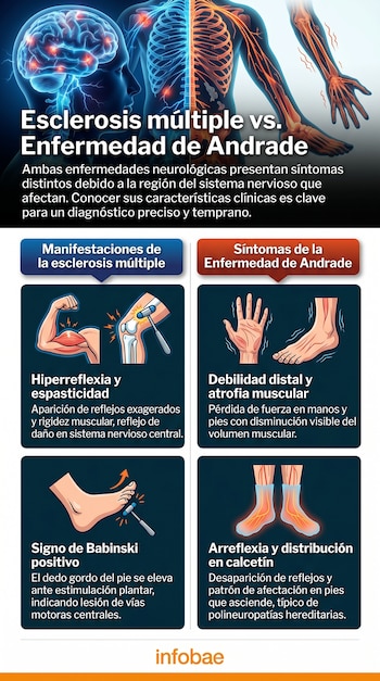 Infografía comparando Esclerosis Múltiple y Enfermedad de Andrade con ilustraciones del cerebro, sistema nervioso y síntomas como hiperreflexia, Babinski, debilidad y arreflexia.