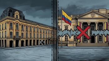 Ilustración del Palacio Liévano y la Casa de Nariño separados por una cerca de púas, con una cruz roja sobre la fachada de la sede presidencial.