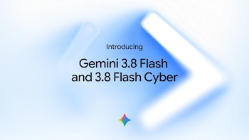 Texto en inglés sobre un fondo blanco con un elemento gráfico azul desenfocado y el logotipo multicolor de Gemini