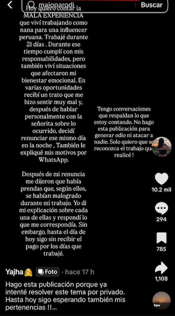 Captura de pantalla de una publicación en redes sociales con fondo negro y texto blanco sobre una denuncia de maltrato laboral y impago, con números de interacción