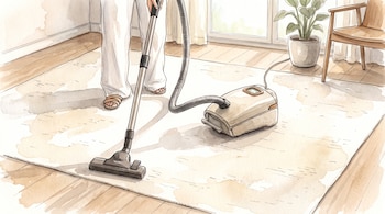 Ilustración en estilo acuarela de una persona que utiliza una aspiradora sobre una alfombra clara junto a una silla y una planta.