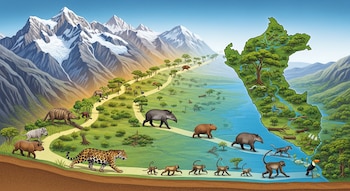 Una ilustración detallada representa el mapa de Perú con la Amazonía verde y los Andes nevados. Varios animales, como un jaguar, tapires y monos, caminan por un corredor de tierra desde la selva hacia las montañas.