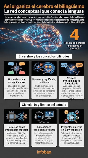 Infografía que ilustra cómo el cerebro bilingüe organiza las lenguas, con imágenes de un cerebro, neuronas, la conexión entre conceptos e idiomas, e implicaciones para la IA.