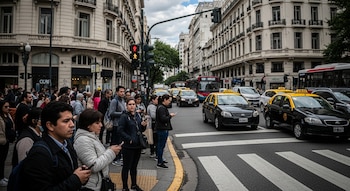 Vista de una esquina de calle concurrida en Buenos Aires. Múltiples peatones esperan en la acera, y autos, taxis y autobuses circulan en la calle.