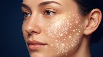 Rostro de mujer en vista de tres cuartos con gráficos transparentes de mitocondrias y puntos dorados brillantes sobre la mejilla.