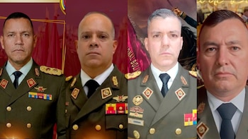 Cuatro retratos individuales de hombres con uniformes militares, corbatas negras, insignias y condecoraciones sobre sus pechos