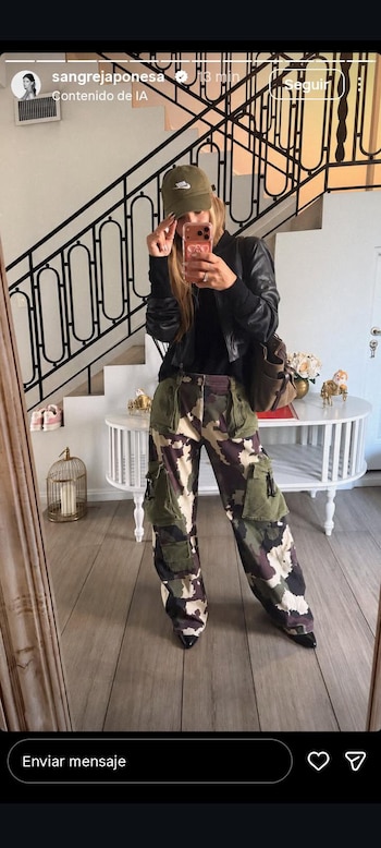 Una mujer se toma una fotografía frente a un espejo usando un pantalón de camuflaje militar, una chaqueta negra y una gorra verde