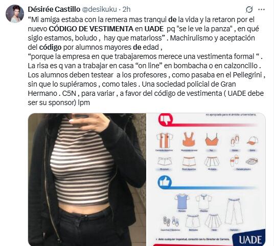 Tuit en contra al Código de Vestimenta de la UADE