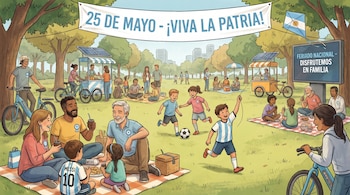 Ilustración de un parque con familias argentinas en un picnic y niños jugando. Un cartel dice "25 de Mayo - ¡Viva la Patria!" y un niño viste una camiseta de Messi.