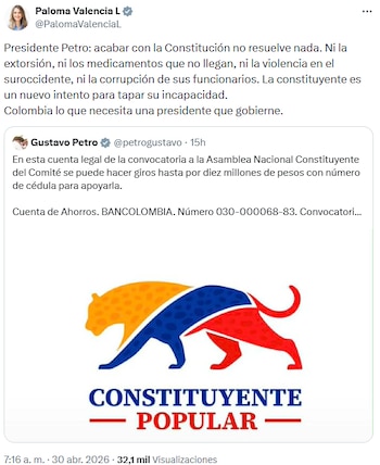 Paloma Valencia criticó iniciativa de Gustavo Petro: “Colombia necesita un presidente que gobierne” - crédito @PalomaValenciaL/X