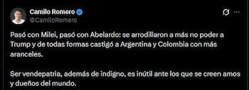 El exembajador de Colombia en Argentina, Camilo Romero, comparó la situación con el caso de Javier Milei y criticó el acercamiento de Abelardo de la Espriella con Donald Trump - crédito Camilo Romero/X