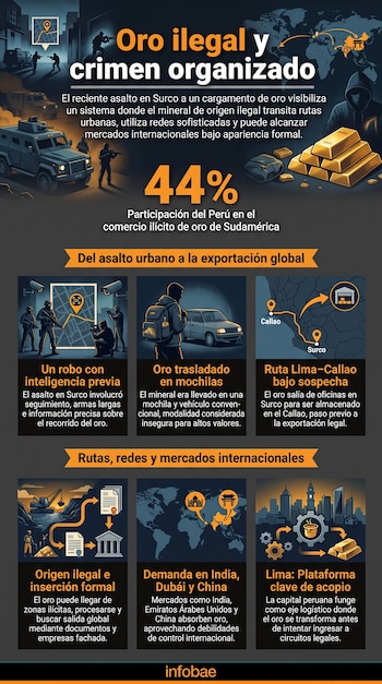 Infografía con título "Oro ilegal y crimen organizado", texto, lingotes de oro, hombres armados, vehículos blindados, mapas, iconos de minería y ciudades.