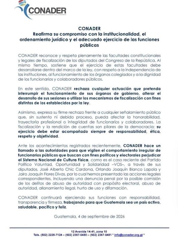 Comunicado oficial con el logotipo de CONADER que contiene un texto impreso fechado en Guatemala