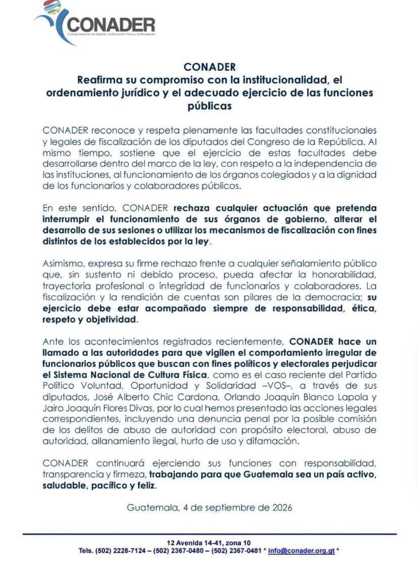 El Consejo Nacional del Deporte de Guatemala anuncia acciones legales y una denuncia penal contra tres diputados del partido VOS por presuntas irregularidades. (CONADER Guatemala)
