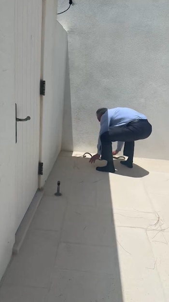 Hombre agachado con camisa azul y pantalones oscuros capturando una serpiente oscura en un rincón entre paredes blancas. A la izquierda, una puerta blanca