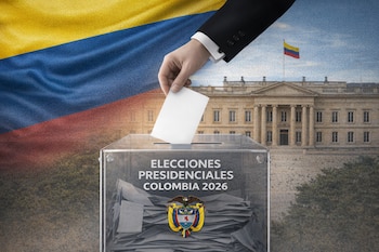Mano en traje deposita voto en urna transparente con escudo de Colombia, texto "Elecciones Presidenciales Colombia 2026", Casa de Nariño y bandera de fondo.