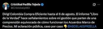 Cristóbal Padilla Tejeda respondió a los señalamientos del ‘Libro de la Verdad’ y defendió su gestión al frente de Colombia Compra Eficiente - crédito Cristóbal Padilla/X
