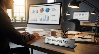 Hombre en traje frente a monitor con gráficos, placa de escritorio 'SUPERVISOR DE RIESGO', teclado, ratón, taza, portalápices, documentos y lámpara.