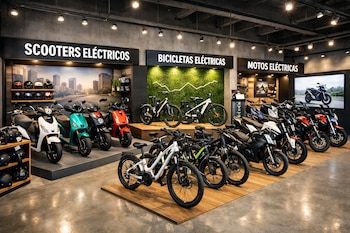 Interior de una tienda moderna exhibiendo diversas filas de scooters eléctricos, bicicletas eléctricas y motos eléctricas, con cascos y pantallas de fondo.