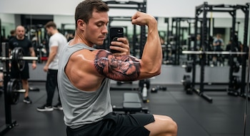 Un hombre musculoso y sudoroso, de perfil, flexiona su brazo izquierdo para mostrar un tatuaje de león grande y detallado, mientras se toma una foto con su teléfono en un gimnasio.