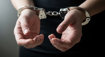 Primer plano de las manos de una mujer unidas por esposas metálicas, mostrando la textura de la piel y el brillo del metal.