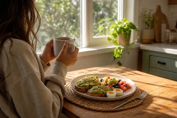 Una persona sostiene una taza frente a un plato con dos tostadas de aguacate, la mitad de un huevo cocido y trozos de fruta fresca.