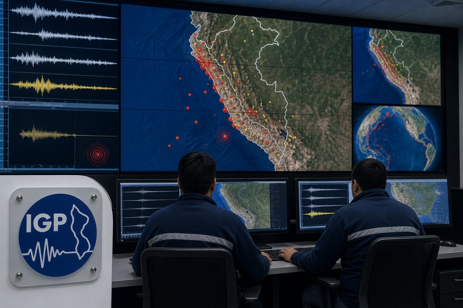 Técnicos del Instituto Geofísico del Perú monitorean la actividad sísmica nacional desde una sala de control con mapas y registros sismográficos. (Imagen Ilustrativa Infobae)