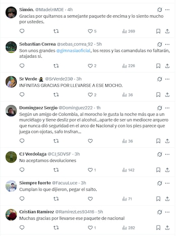 Los comentarios de algunos usuarios en X sobre la salida de Harlen Castillo de Atlético Nacional - crédito X