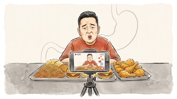 Ilustración de un hombre sentado ante una mesa con fideos, hamburguesas y pollo frito, grabado por un teléfono sobre un trípode.