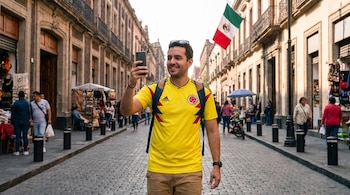 Hombre con camiseta de Colombia y mochila azul sonríe tomando foto con su celular en calle empedrada de México, con edificios y bandera mexicana.