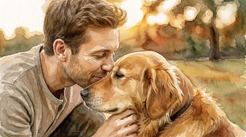 Pintura en acuarela de un hombre con barba clara y un perro Golden Retriever de pelaje dorado, ambos en primer plano, nariz con nariz, con tonos tierra.