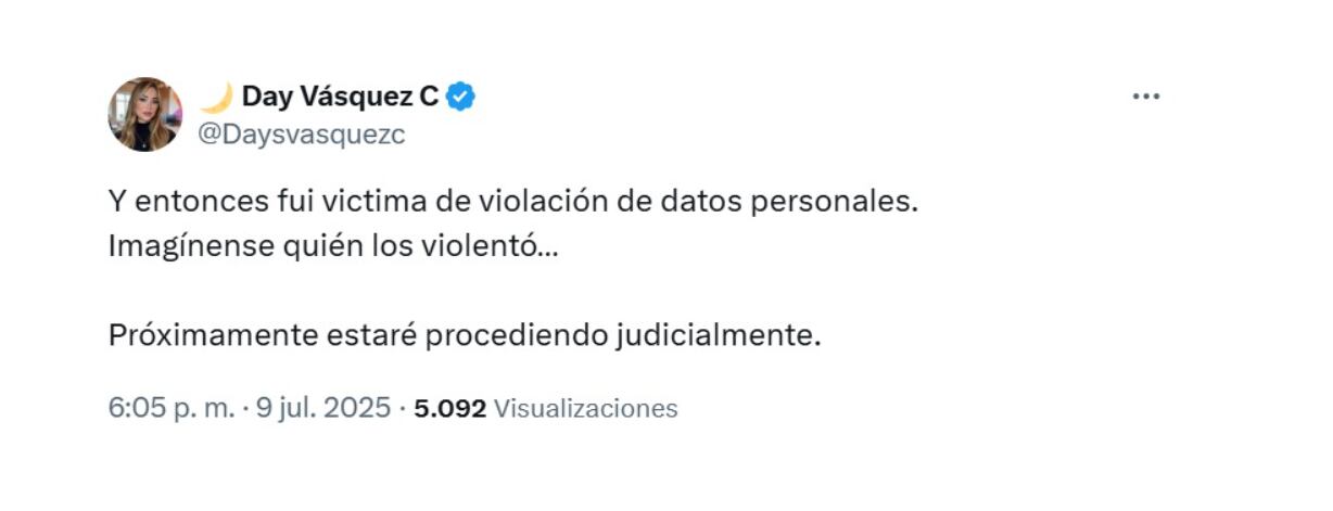 La exesposa de Nicolás Petro, Day Vásquez, sorprendió al afirmar que también fue víctima de violación de datos personales - crédito @Dayvasquezc/X