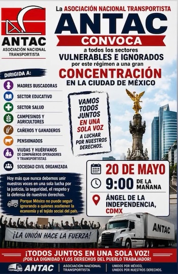 Cartel de ANTAC anunciando una megamarcha. Muestra el logo de ANTAC, texto convocando a sectores vulnerables, el Ángel de la Independencia y un camión blanco