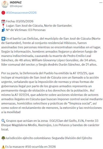 Indepaz se pronunció por masacre número 50 en Colombia - crédito @Indepaz/X