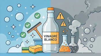 Una ilustración dividida muestra vinagre blanco, esponjas y un limpiacristales a la izquierda, y frascos de laboratorio con símbolos de advertencia a la derecha.