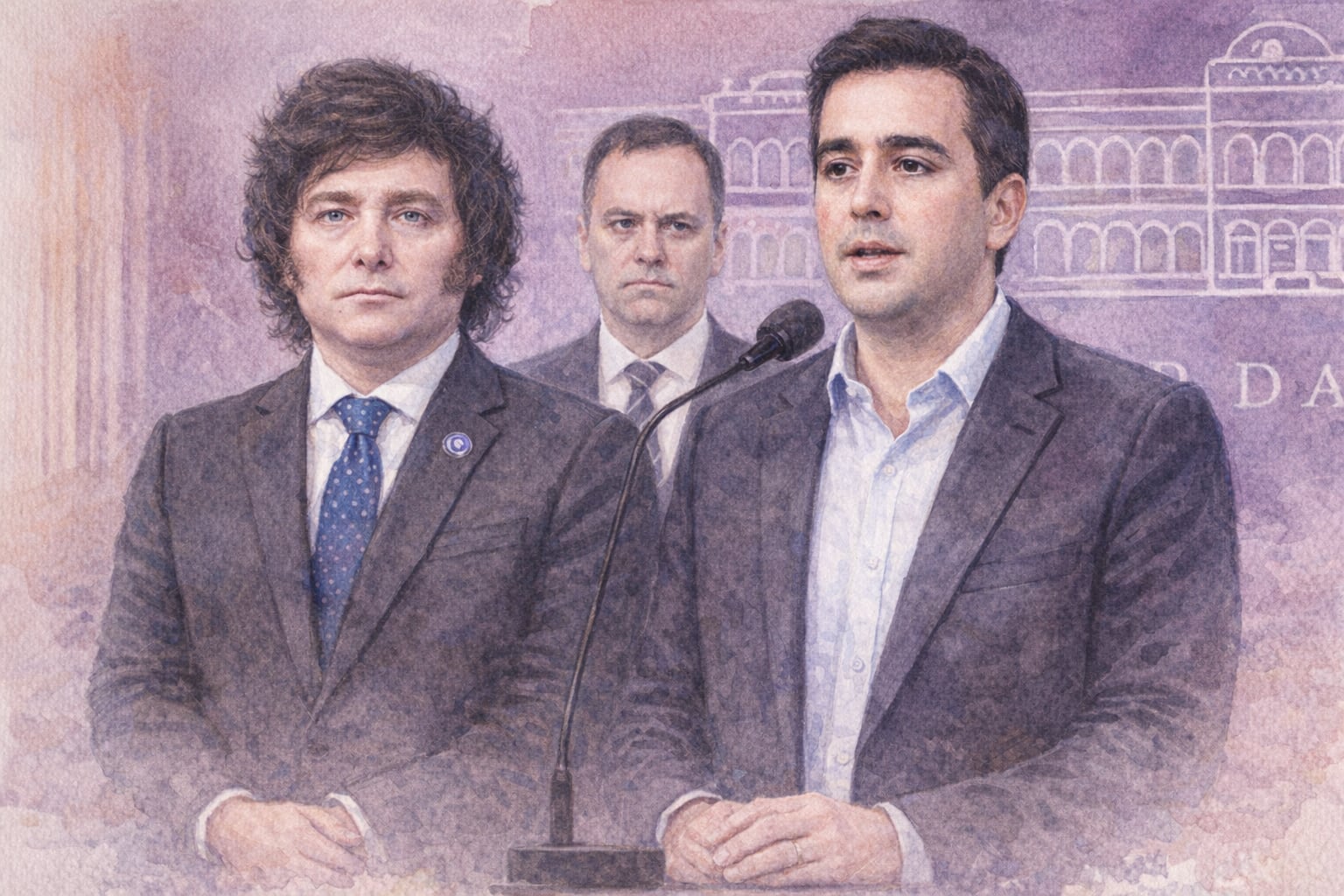 Javier Milei junto al nuevo vocero Adrián Ravier, en segundo plano el jefe de Gabinete Manuel Adorni