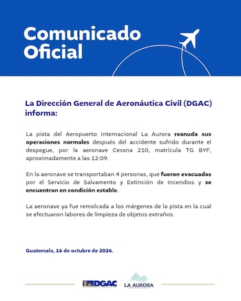 Comunicado oficial con texto sobre fondo blanco y azul que incluye los logotipos institucionales y la silueta de un avión