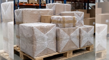 Cajas de cartón envueltas en plástico de burbujas y sujetas con cinta adhesiva apiladas sobre un palé de madera.