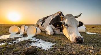 Vaca lechera blanca y negra tumbada en campo seco, cubos blancos volcados con leche derramada en el suelo agrietado, sol naranja al fondo.