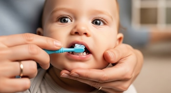 Primer plano de un adulto sujetando un cepillo infantil azul con pasta de dientes, cepillando los dientes de leche inferiores de un bebé.