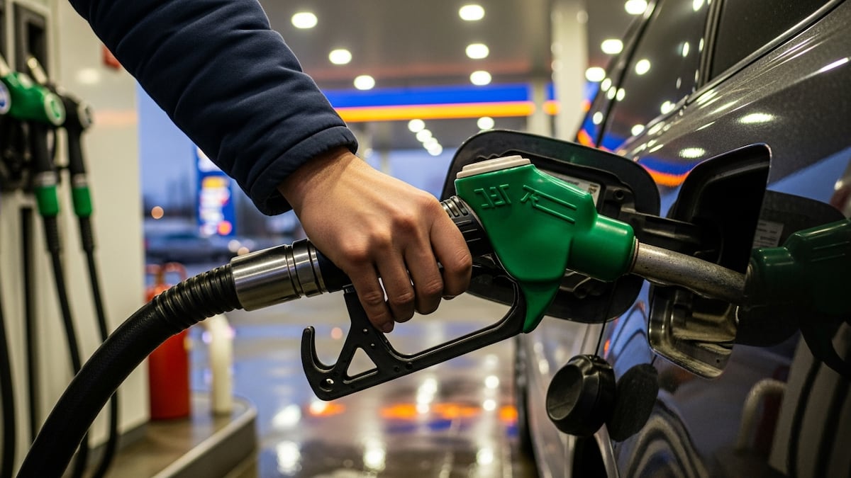 Una mano humana sostiene una boquilla de combustible verde metálica insertada en la boca del depósito de nafta de un automóvil gris oscuro en una estación de servicio.
