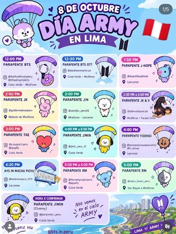 ARMY no se detiene tras el primer concierto de BTS: estas son las actividades que prepara Lima para este 8 de octubre. Captura: Lima ARMY en X.