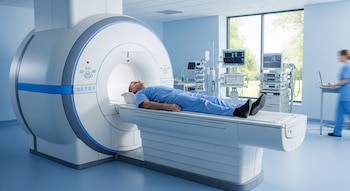 Un hombre con bata azul yace en la camilla de una máquina de resonancia magnética en una sala médica moderna con grandes ventanas.