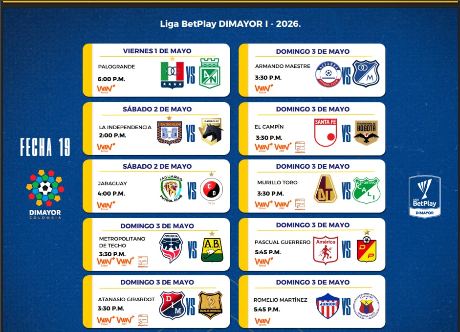 Estos son los partidos, el día y la fecha de la jornada 19 del fútbol colombiano - crédito Dimayor
