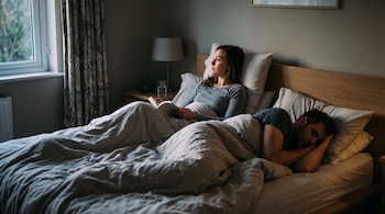 Una mujer sentada en una cama sostiene un libro junto a un hombre dormido en una habitación iluminada por una ventana.