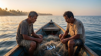 Dos pescadores en una lancha de madera revisan sus redes de pesca con pocos peces al amanecer. El mar y la costa con palmeras de fondo están iluminados por el sol naciente.