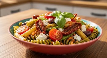 Un plato rojo con borde azul contiene una ensalada de pasta de legumbres verde y amarilla, lentejas, tomates, aceitunas, tomates secos, queso y albahaca sobre una mesa de madera.